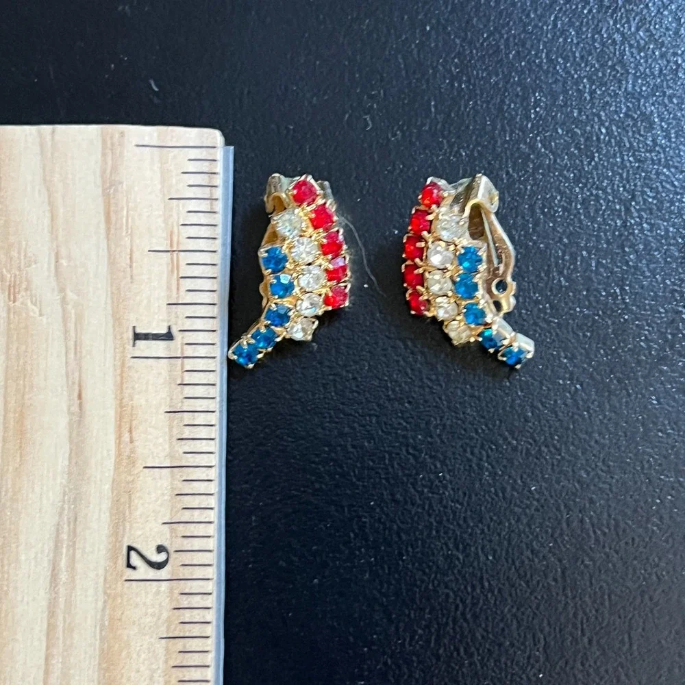 Vintage Rhinestone Clip On Earrings Red White‎ Blue Gold Tone Retro Sparkle